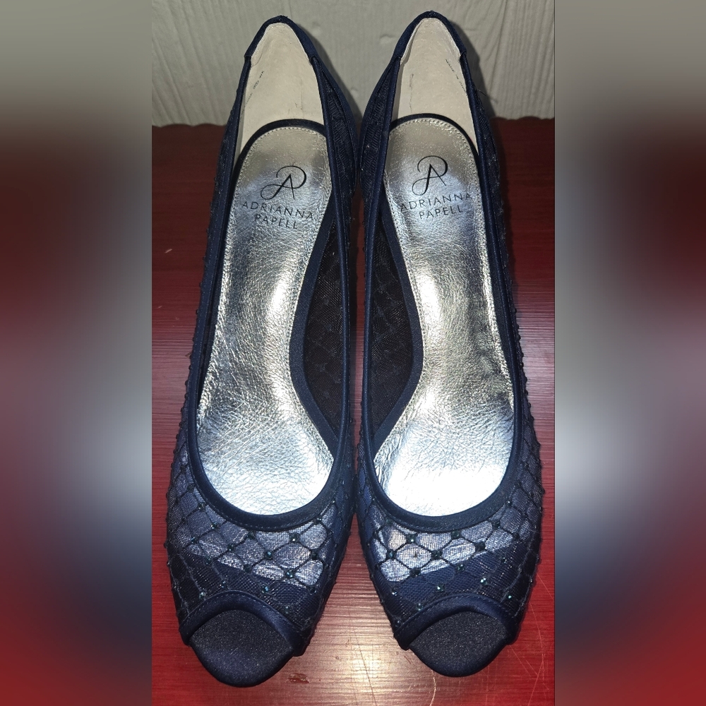 Adrianna Papell Jamie Peep Toe Blue Mesh Rhinestone Embellishment Kitten Heel 10 - Picture 2 of 5